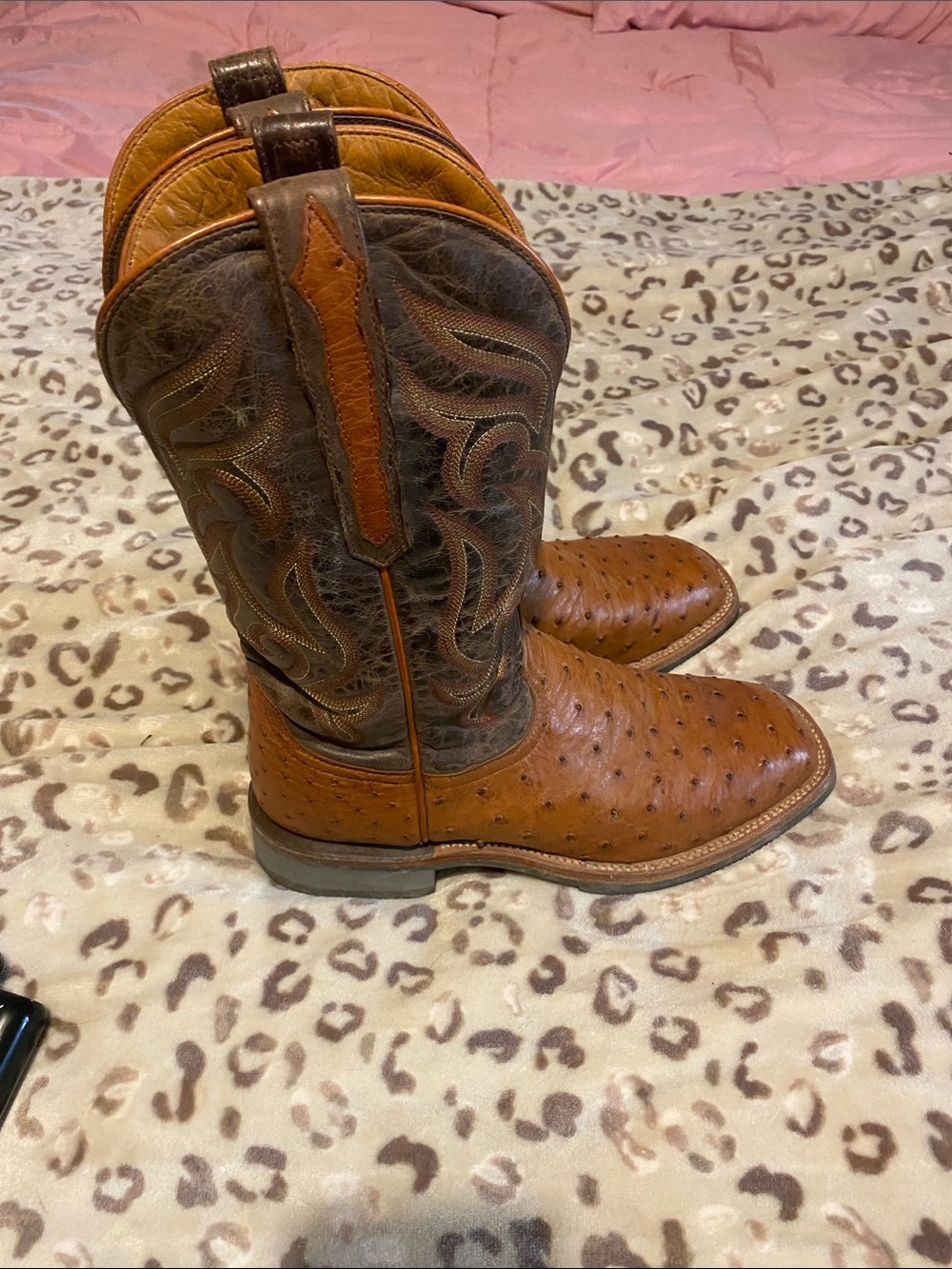 Lucchese Two-Tone Brown Ostrich Toe Cowboy Boots - Picture 4 of 7